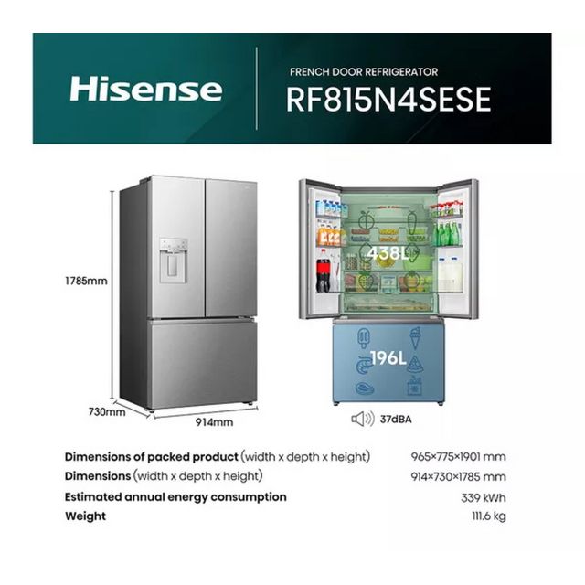 Hisense RF815N4SESE Total No Frost Plumbed American Fridge Freezer - Silver