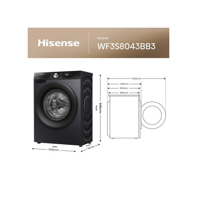 Hisense WF3S8043BB3 8kg 1400 Spin Washing Machine - Black